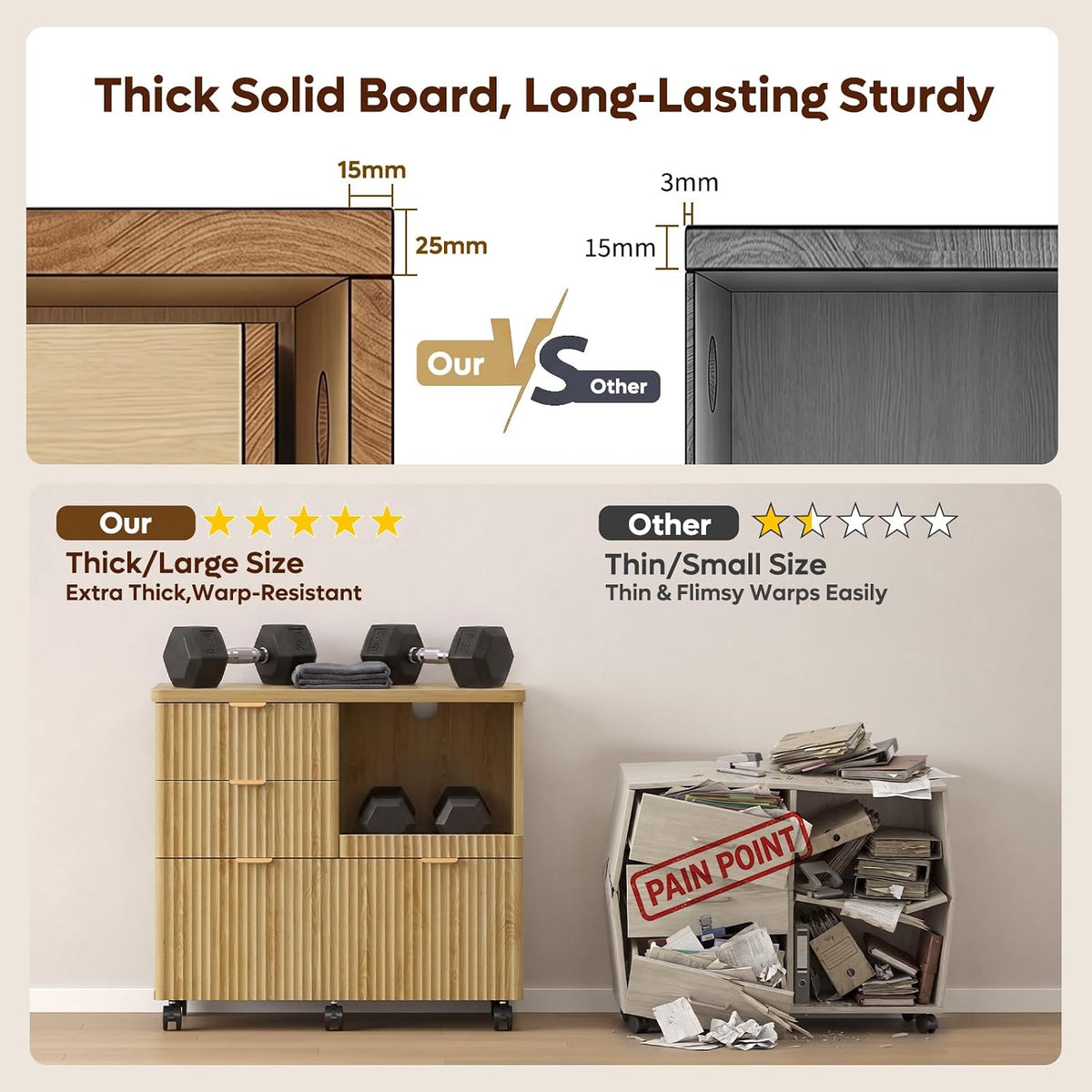 Wooden 3‑Drawer Home Office File Cabinet