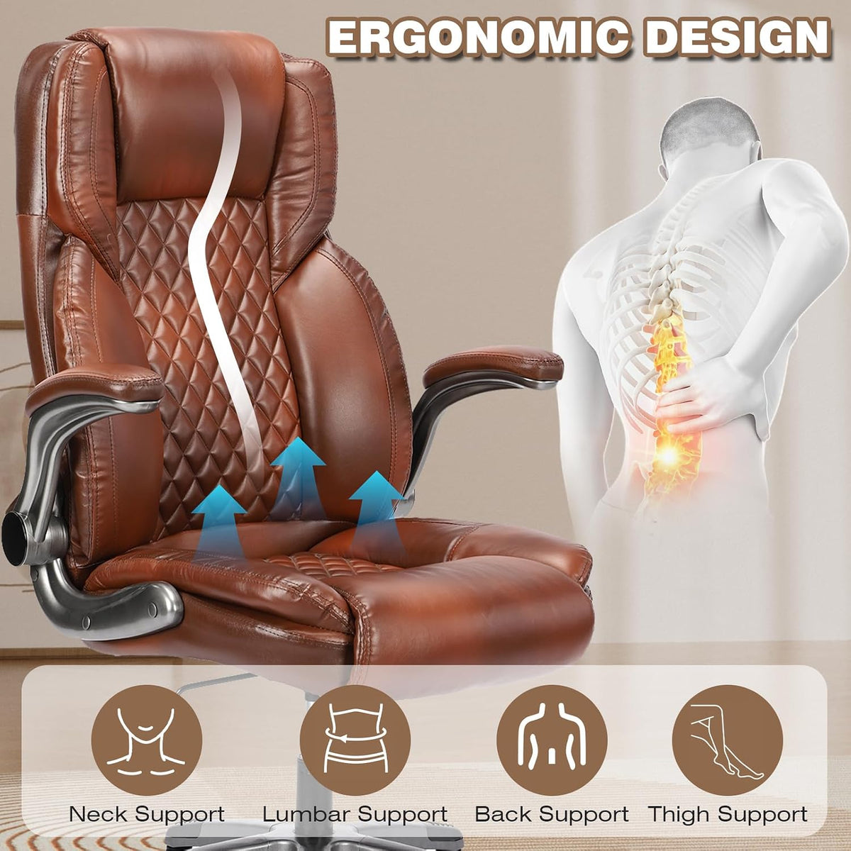 Brown Leather Executive Office Chair Flip‑Up Arms
