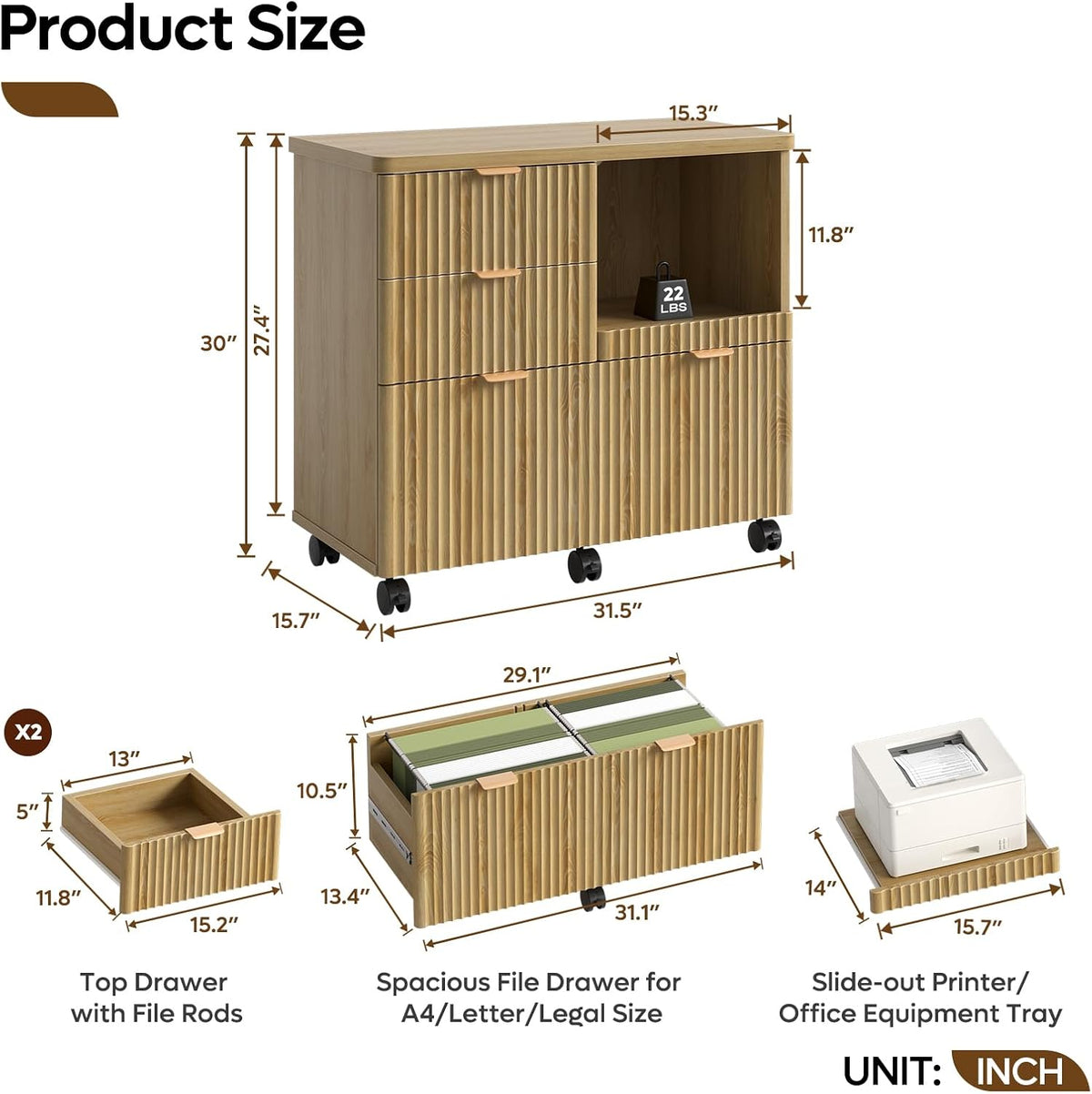 Wooden 3‑Drawer Home Office File Cabinet