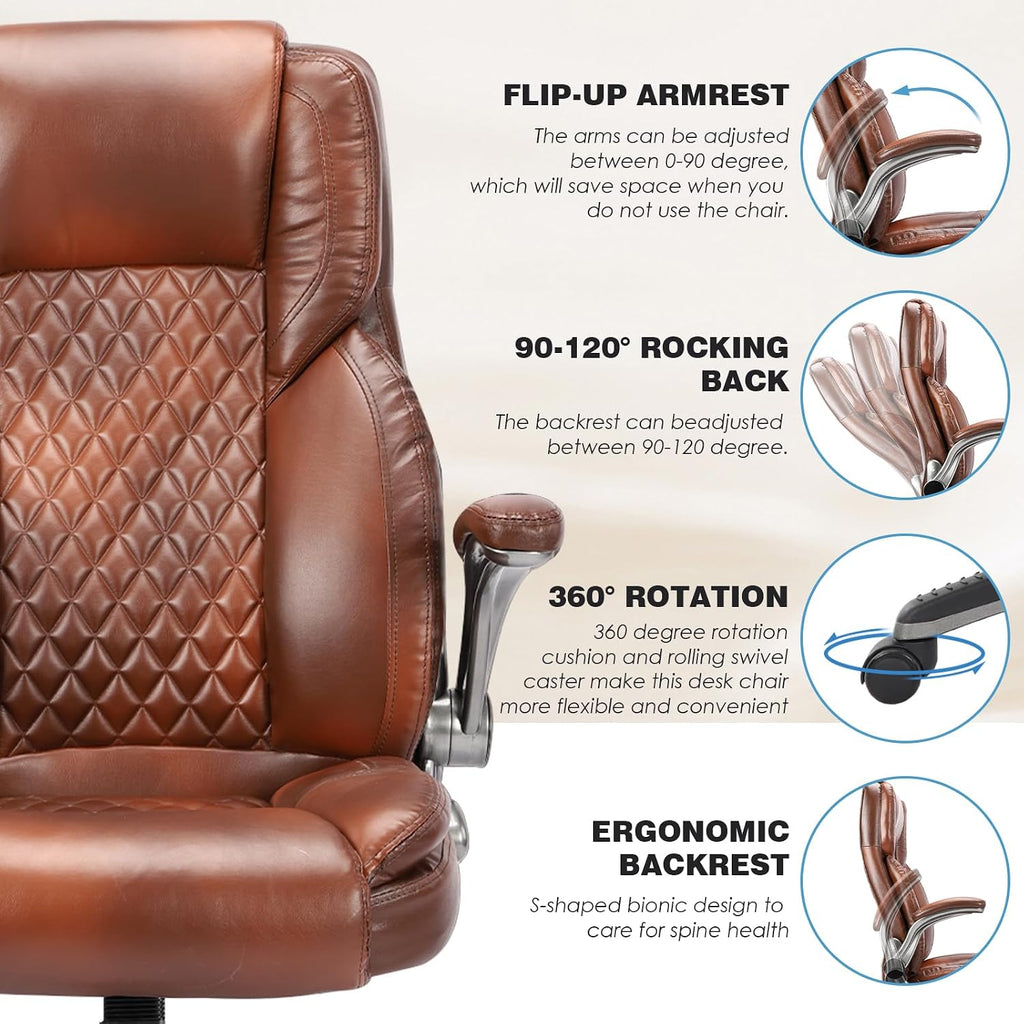 Brown Leather Executive Office Chair Flip‑Up Arms