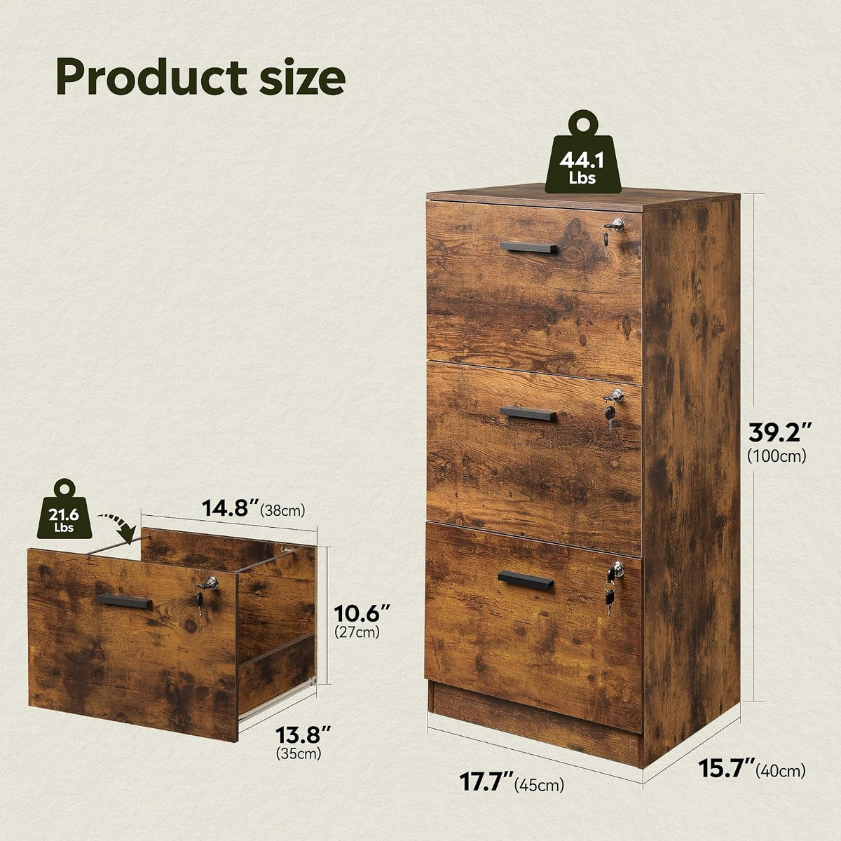 Wooden 3‑Drawer Office File Cabinet