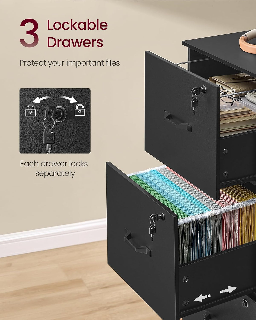 Lockable 3‑Drawer Office Document File Cabinet